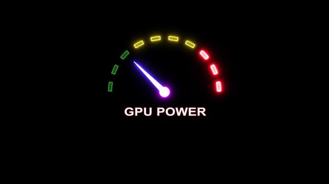 Neon gpu power level gauge animation displaying digital performance data metrics.