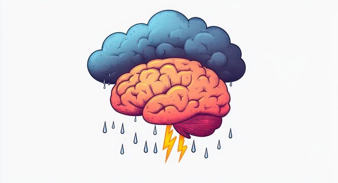vivid orange brain beneath a dark storm cloud with raindrops and a bold lightning bolt, expressing mental turmoil and electric creative energy