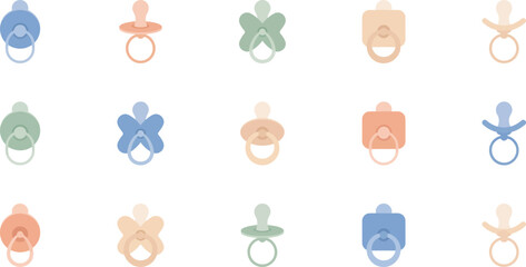 Scandinavian style baby pacifiers in a grid, minimalist flat vector icons for modern baby product branding © KhadizaAkter