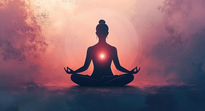 Silhouette of seated person in lotus pose meditating with glowing heart center and halo against a soft pink and purple atmospheric background, peaceful and centered