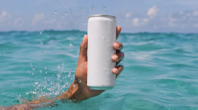 White Aluminum Beverage Can Mockup in Hand at Sea for Product Branding and Packaging Design