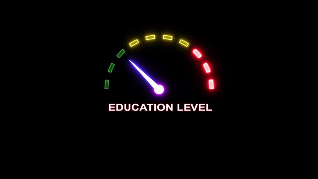 Educational level gauge indicator animation with glowing neon speedometer bar.