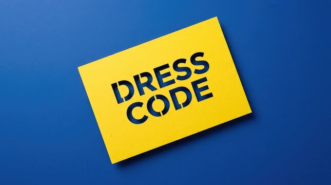 Bold yellow paper sign featuring the text dress code displayed on a vibrant blue background surface