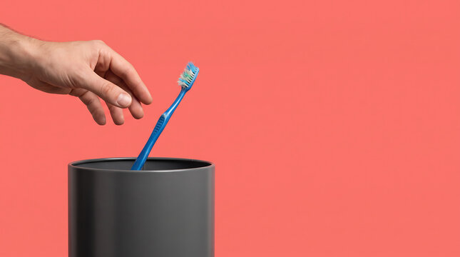 Male hand throwing old generic toothbrush into bathroom trash bin on red background left side copy space