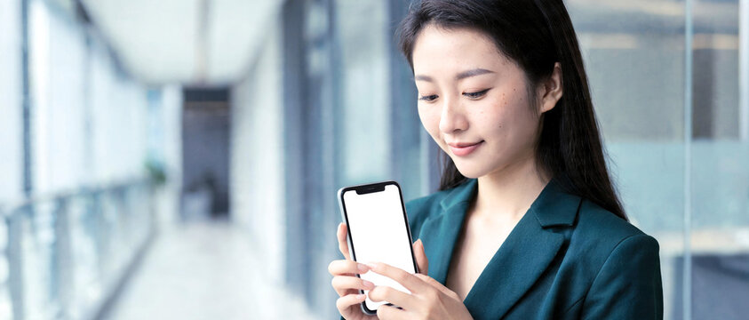 Mujer de negocios asi&aacute;tica sonr&iacute;e y muestra la pantalla blanca vac&iacute;a de su tel&eacute;fono m&oacute;vil en la oficina. Maqueta publicitaria para aplicaciones, sitios web y servicios digitales corporativos.