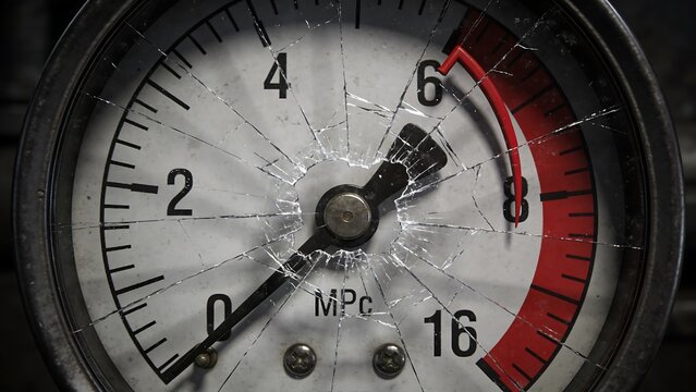 Shattered Industrial Pressure Gauge with Red Danger Zone