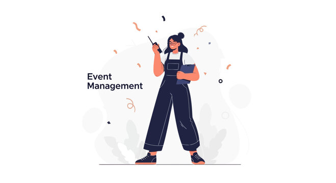 Event Management Professional Directing Operations with Walkie-Talkie and Clipboard, Modern Flat Illustration