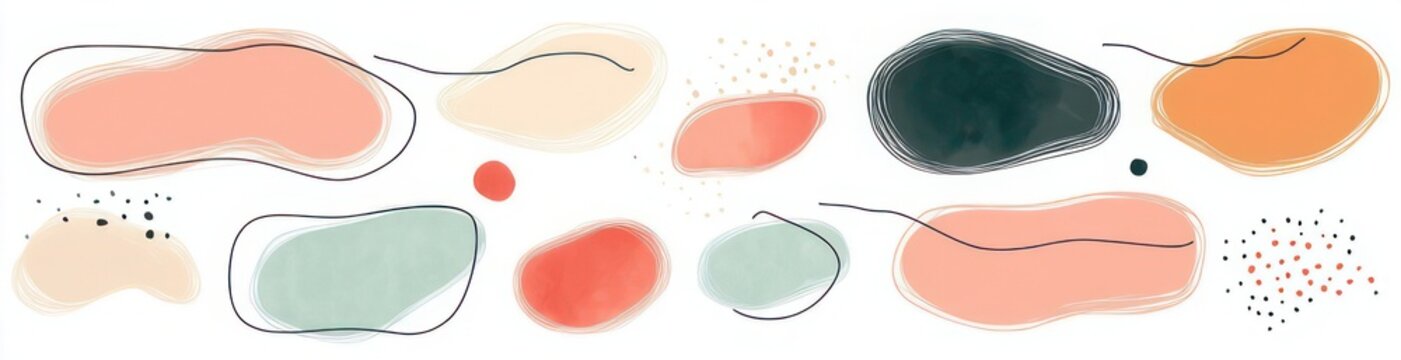 Multiple pastel organic watercolor blobs with thin black sketch outlines and scattered dot accents on white background, playful and soothing abstract composition