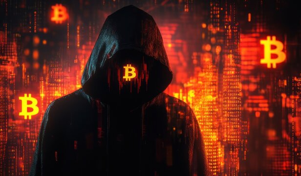Hooded anonymous figure with glowing orange cryptocurrency emblem for a face surrounded by falling red digital code and symbols, evoking menace and cyber secrecy