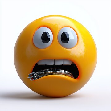 glossy yellow emoji with wide eyes and a zipped mouth showing teeth, anxious and speechless on white background