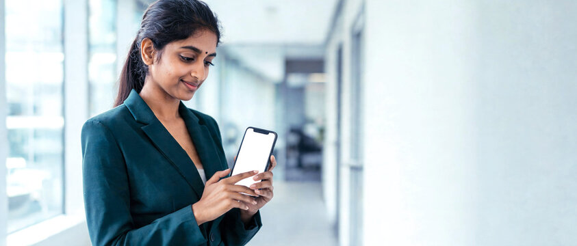 Mujer de negocios india sonr&iacute;e mientras interact&uacute;a con la pantalla blanca vac&iacute;a de su tel&eacute;fono m&oacute;vil en la oficina. Maqueta publicitaria para aplicaciones, marketing y servicios digitales.