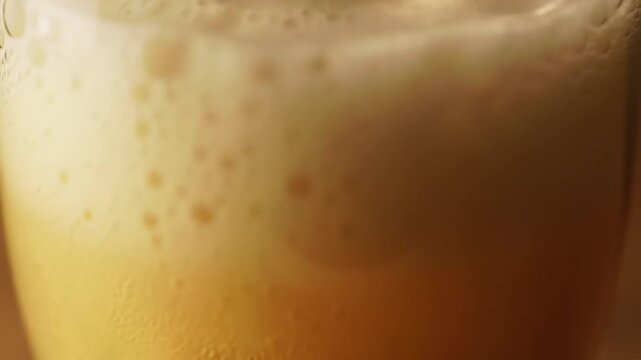 Close-up of golden beer being poured into a glass, creating foam and bubbles.