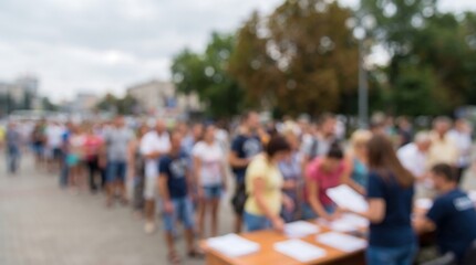 Fototapeta premium Blurred crowd of people waiting in long outdoor queue for event registration at temporary desk with papers on city street during summer day representing social gathering and public service