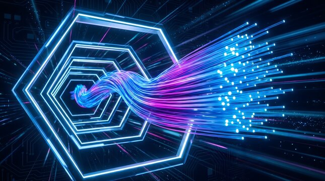 Neural network data stream visualization. AI algorithm processing information. Big data flow