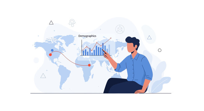 Man presenting global demographics data with charts and world map illustration