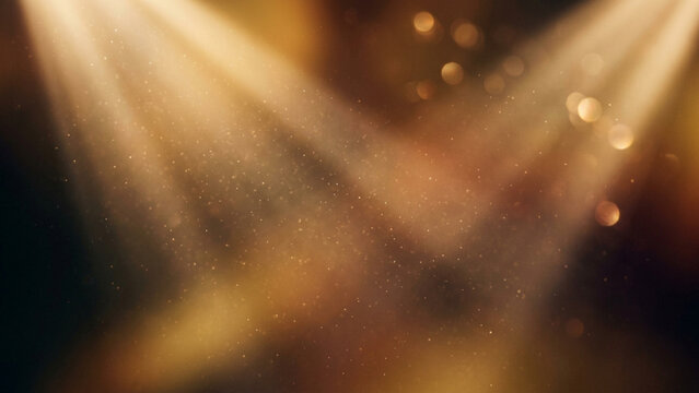 Spotlights illuminate a dark atmosphere with golden dust motes swirling through dramatic light beams.