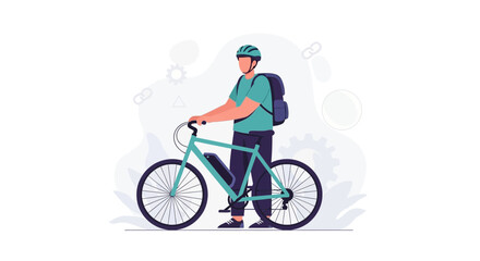 Fototapeta premium Man with Electric Bicycle and Backpack, Flat Design, Eco-friendly Transport Concept