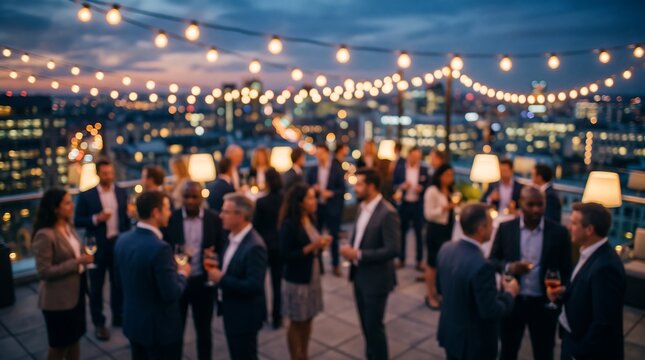 People mingling at outdoor rooftop party at twilight with warm string lights glowing above and blurred city skyline background for elegant evening social event atmosphere