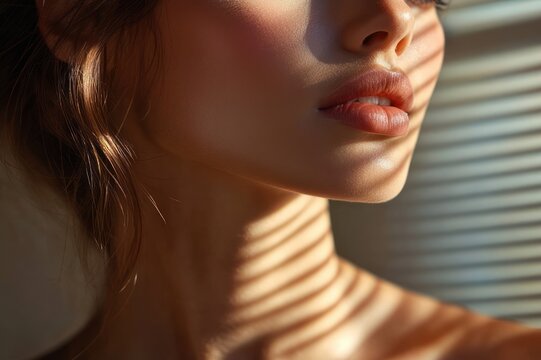 close-up of a person's neck and shoulder with wavy hair, striped sunlight from blinds casting shadows, warm intimate and contemplative mood