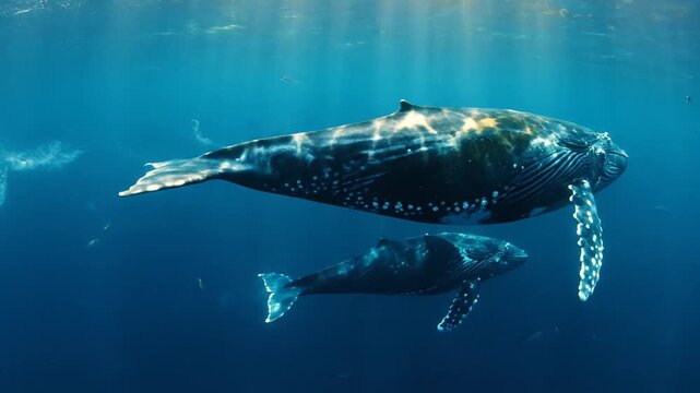 Whale and calf swimming underwater ocean.