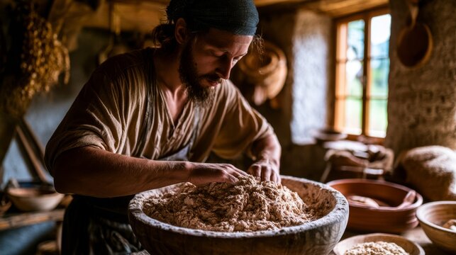 Artisan Millwright at Work in Rustic Workshop, Grinding Flour and Preparing Dough in Natural Light, Capturing the Art of Traditional Baking Techniques