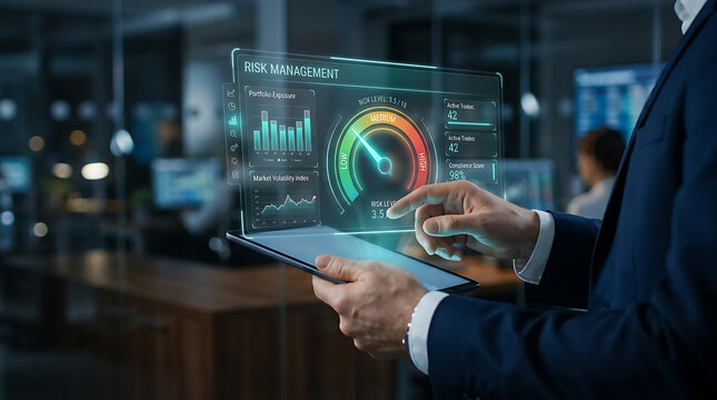 Businessman's hand interacting with risk management dashboard on holographic screen during office meeting