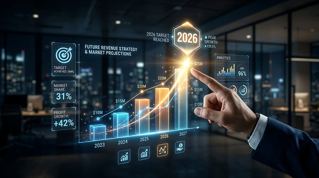Businessman's hand points at digital financial chart showing revenue growth towards 2026 concept