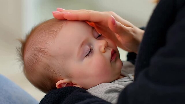 Mother gently touching sleeping baby's forehead to check temperature