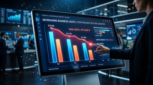 Businesswoman analyzing declining performance report on a digital screen with glowing charts during a meeting