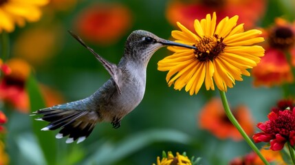 Obraz premium Graceful hummingbird hovering near vibrant yellow flower in a lush garden setting, showcasing nature's beauty and intricate details of wildlife interaction