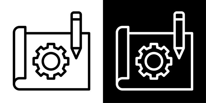 Modern design prototype icon featuring a blueprint, gear, and pencil, representing UI/UX prototyping, wireframing, interface design, product planning, and app development.