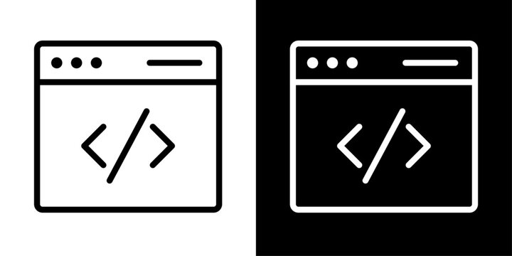 Modern frontend coding icon featuring a browser window with code brackets, representing web development, HTML, CSS, JavaScript, UI coding, and responsive design.