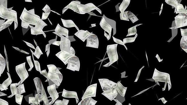 Money Falling - Dollar bills falling down from the sky.Money falling dollar banknotes on a transparent background.US dollar banknotes flying in super slow motion against black background.