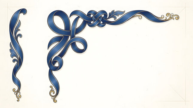 Decorative Blue Ribbon Twist Corner Element Featuring Elegant Swirls and Ornate Floral Details