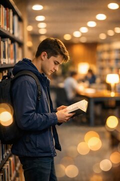 Student reading book in library study area with warm atmosphere