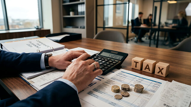 Accountant calculating taxes with calculator and coins on desk during business meeting