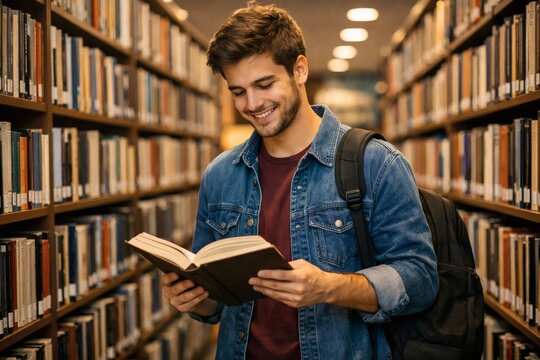 Focused student reading in library with backpack and denim jacket surrounded by tall bookshelves under bright lights