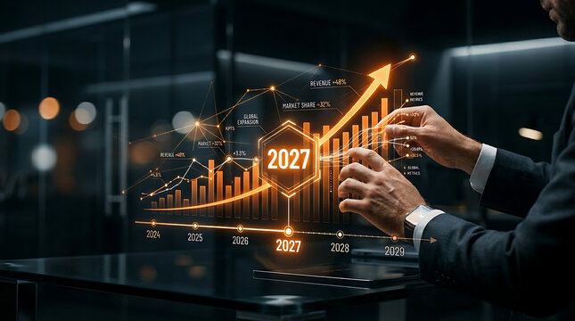 Business analyst reviewing financial growth projection for 2027 with glowing upward trend graph during a meeting