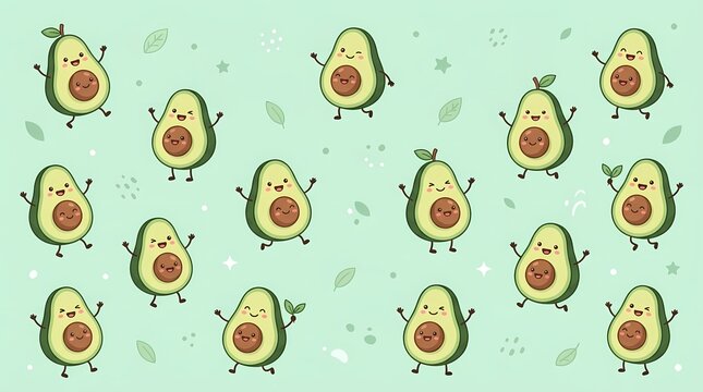 Seamless pattern with cute happy avocado characters and leaves.
