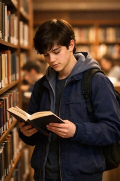 Student reading book in library with backpack focused on learning and study