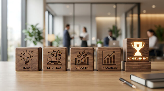 Business growth concept with engraved wooden cubes showing idea strategy growth progress achievement