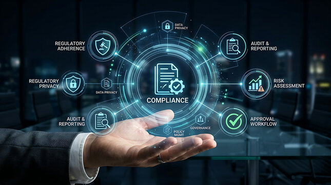 Business professional holding digital compliance diagram during virtual meeting for corporate governance