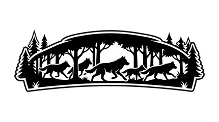 Obraz premium Wolf pack silhouette walking through forest trees.