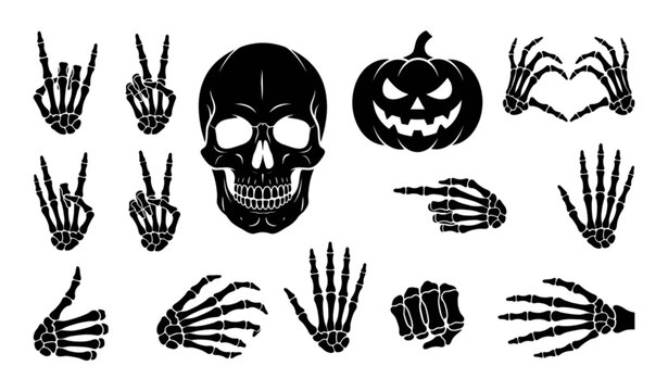 Halloween Skeleton Hands Skull and Pumpkin Silhouette Vector Set