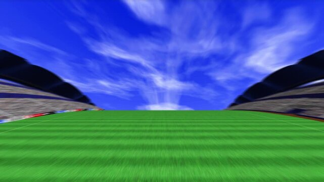 サッカースタジアムのピッチが速い速度で手前に流れていく4K 画質の映像