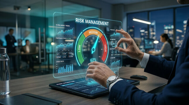 Businessman analyzing risk management dashboard with glowing hologram interface in modern office