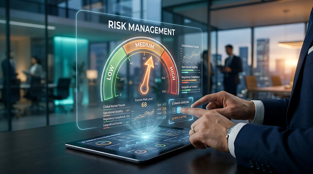 Businessman analyzing risk management dashboard with holographic interface in modern office
