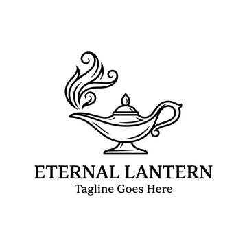 Antique magic lamp logo with swirling smoke clouds.