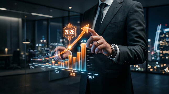 Businessman analyzing upward trending financial graph with arrow pointing towards 2026 year during nighttime city view
