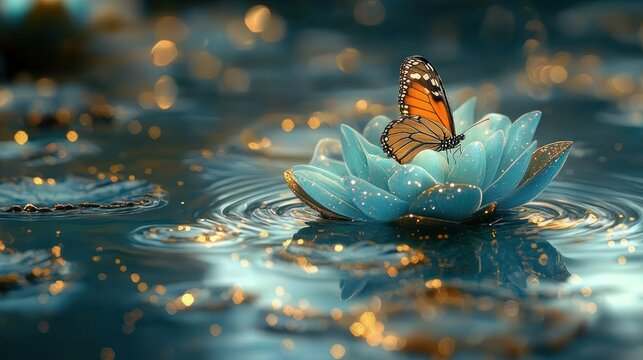 Orange and black butterfly resting on a glowing blue lotus floating on rippling water with golden bokeh sparkles, serene and magical scene
